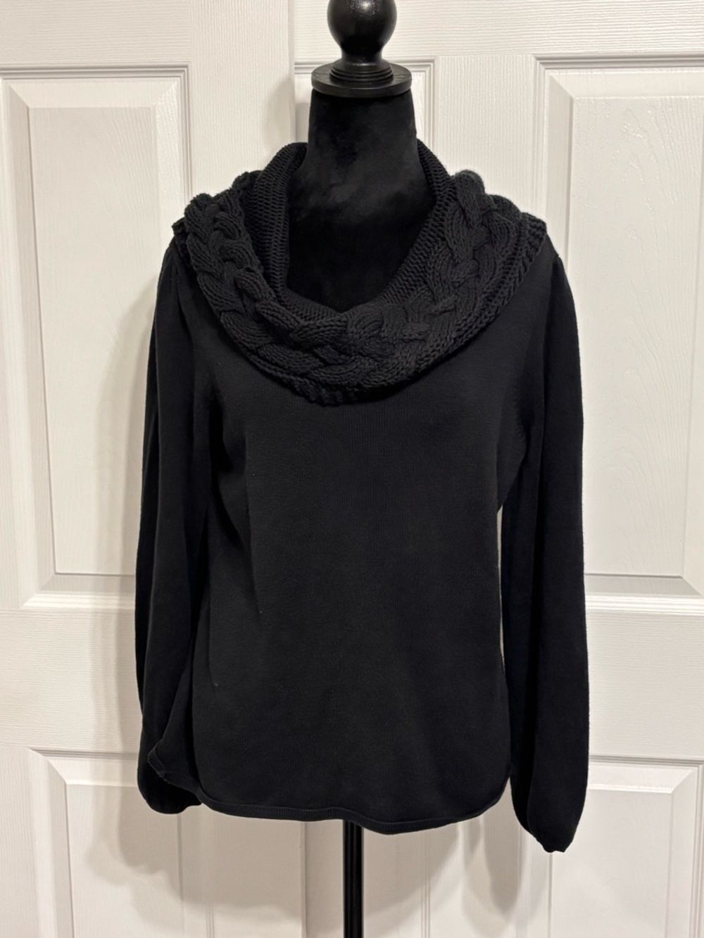 Tahari Women’s Black Cable Knit Cowl Neck Balloon Sleeve Sweater Size Large
